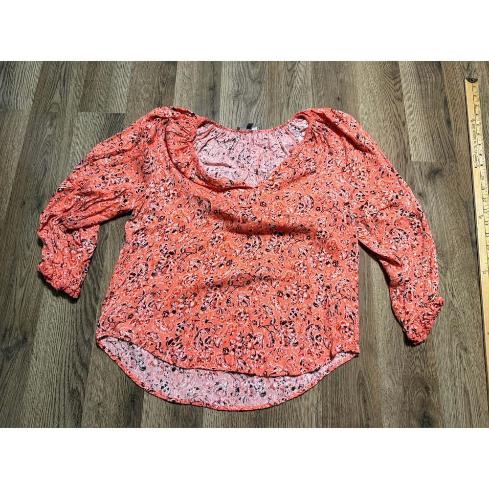 Wit & Wisdom Shirts Womens Size XS Coral Floral Blouse Long Sleeve Ruffle